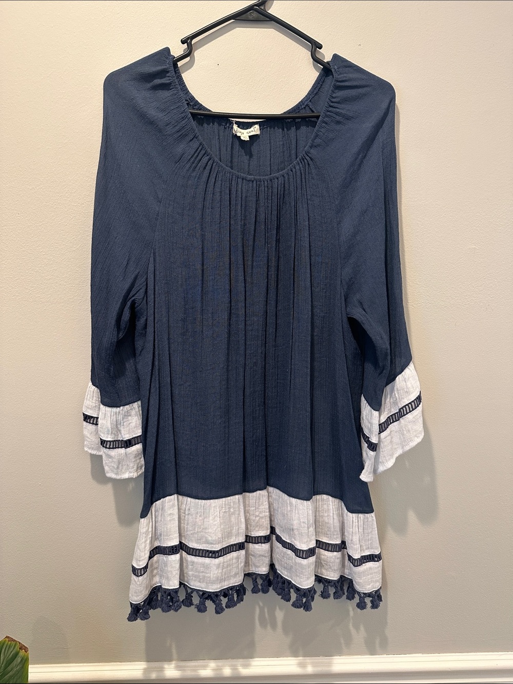 indigo soul Navy Tunic with White Tiered Hem and Tassel Trim